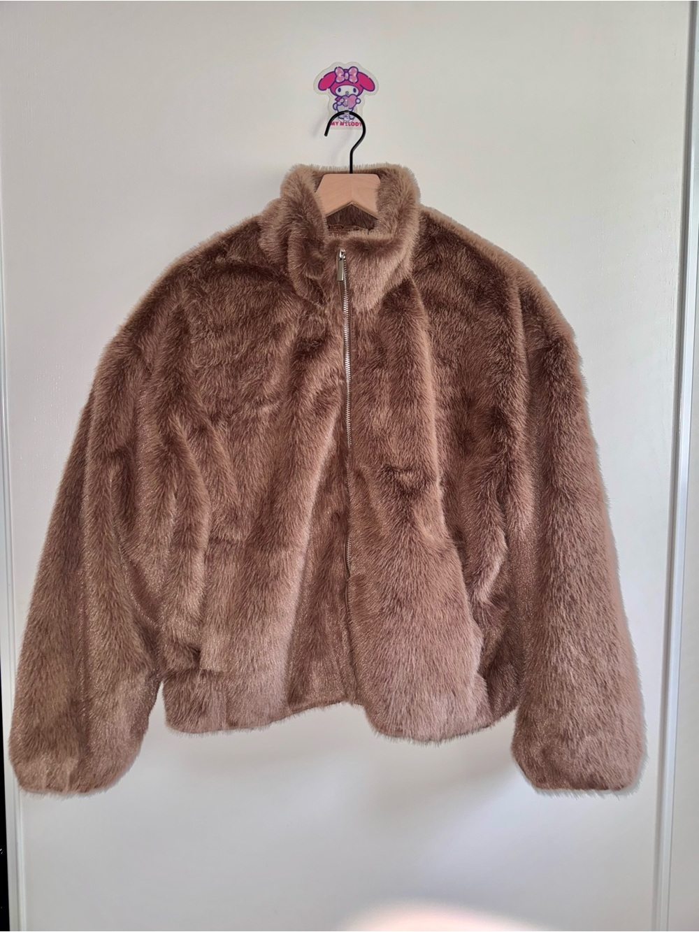 Brown Solid Collared Full Zip Long Sleeve Faux Fur Jacket Women’s Size Large